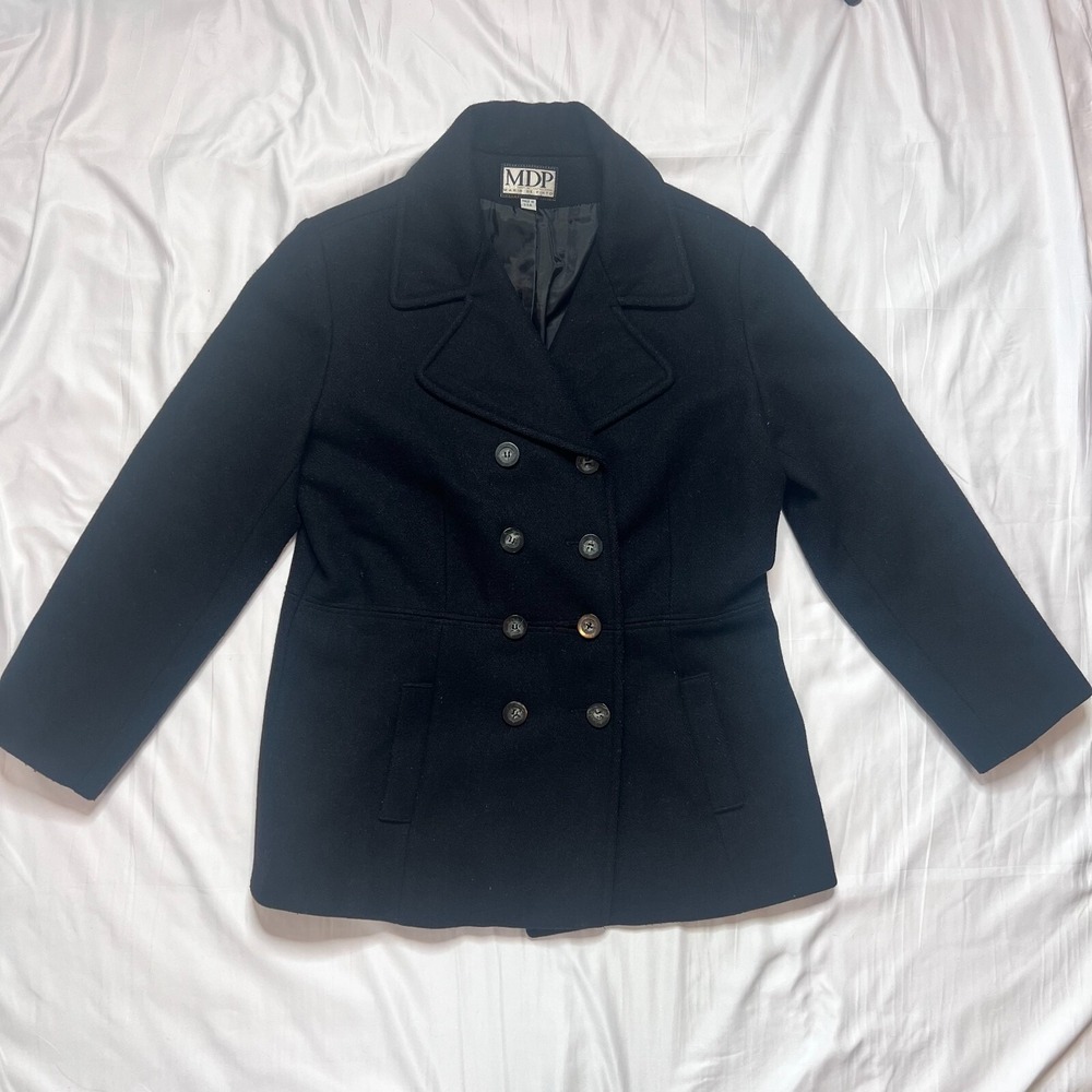 MDP Mario De Pinto Black Peacoat Pea Coat Winter Jacket Size Medium? 75% Wool